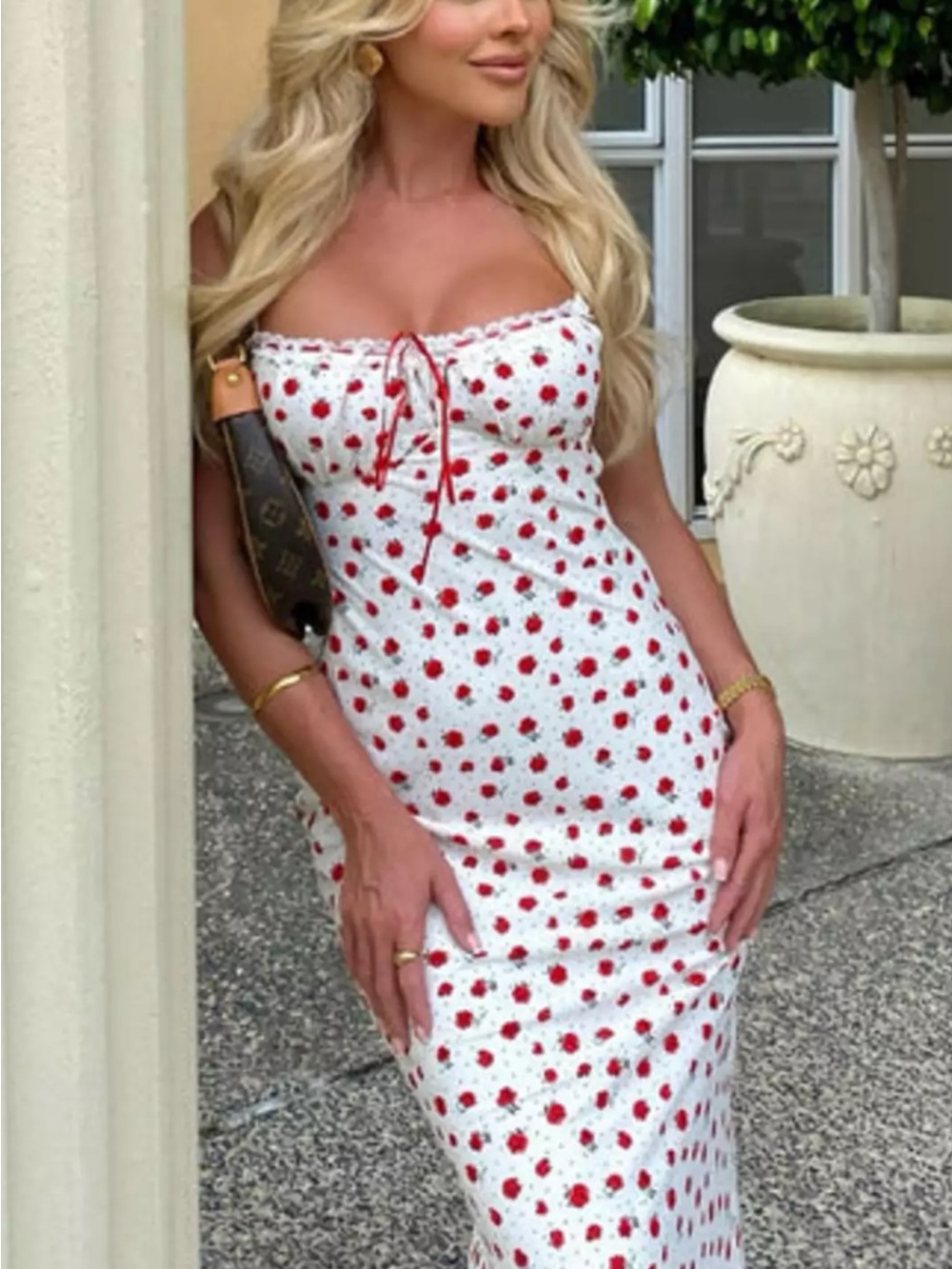 White Fox Boutique White Strapless Midi Dress with Red Floral Print